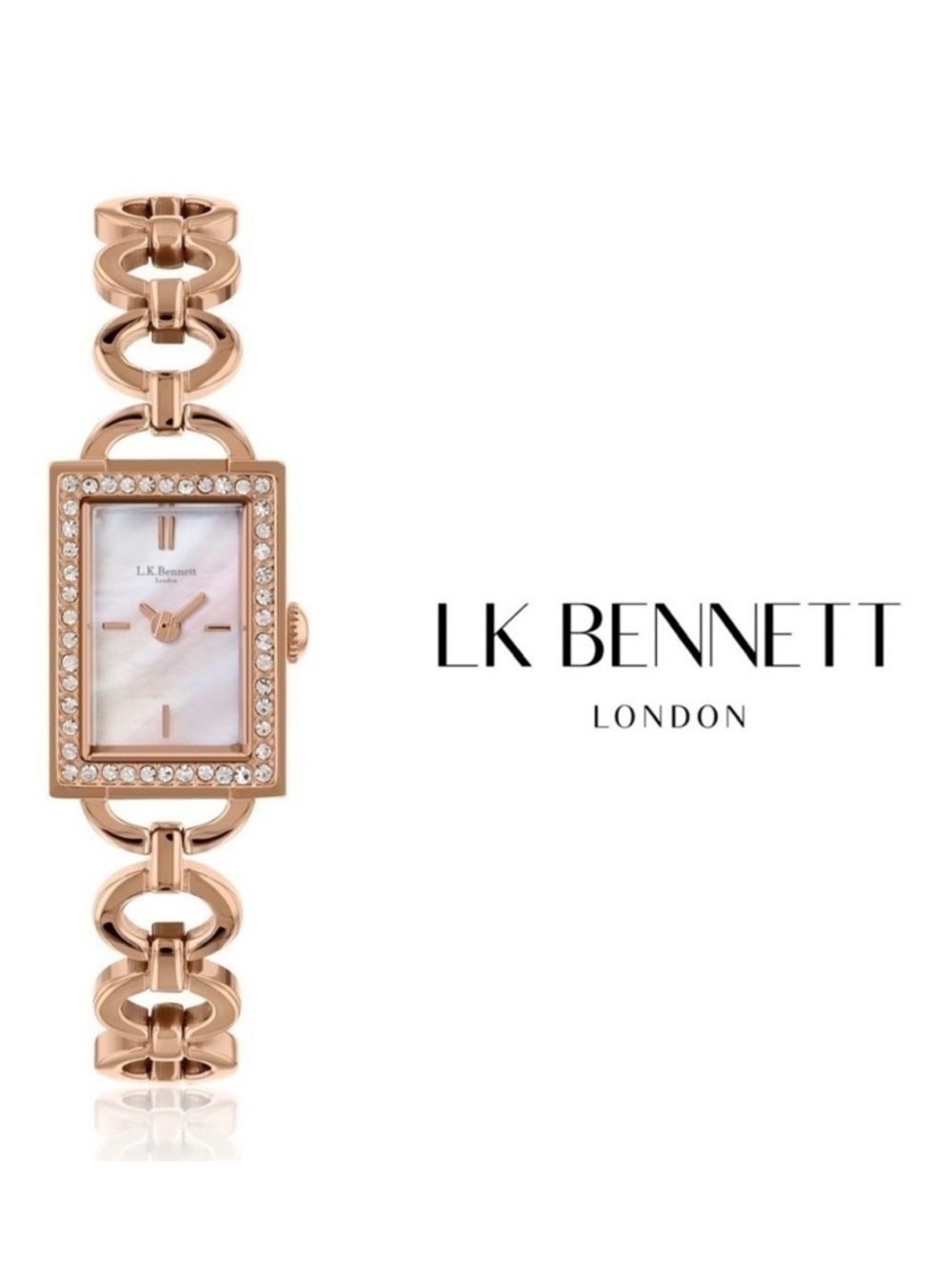 LK Bennett Dress Watch Rose Gold Plated CZ Mother of Pearl Rectangular lk NWT